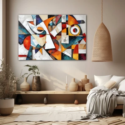 Wall Art titled: Fragmented Harmony in a  format with: white, Orange, and Vivid Colors; Decoration the Beige Wall wall