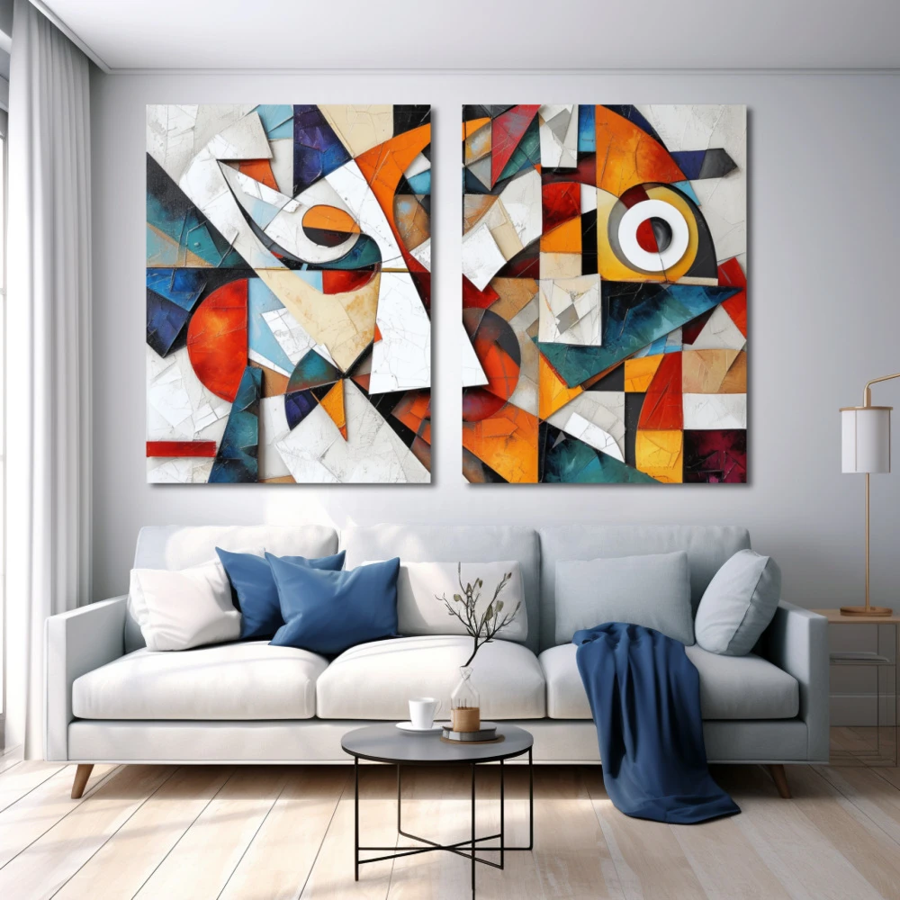 Cuadro armonía fragmentada en formato díptico con colores blanco, naranja, vivos; decorando pared blanca