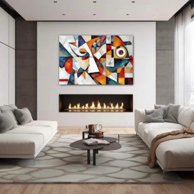 Cuadro Armonía Fragmentada en formato horizontal con colores Blanco, Naranja, Vivos; Decorando pared de Chimenea