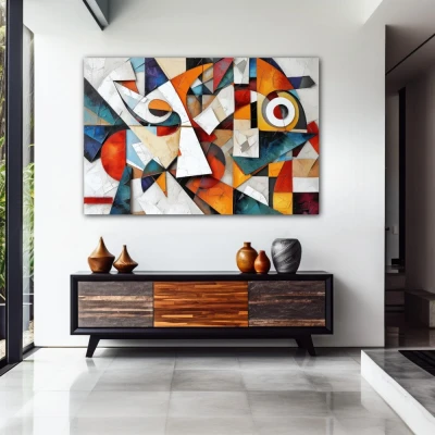 Wall Art titled: Fragmented Harmony in a Horizontal format with: white, Orange, and Vivid Colors; Decoration the Entryway wall