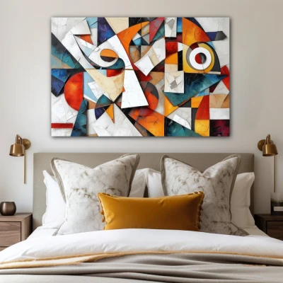 Wall Art titled: Fragmented Harmony in a  format with: white, Orange, and Vivid Colors; Decoration the Bedroom wall
