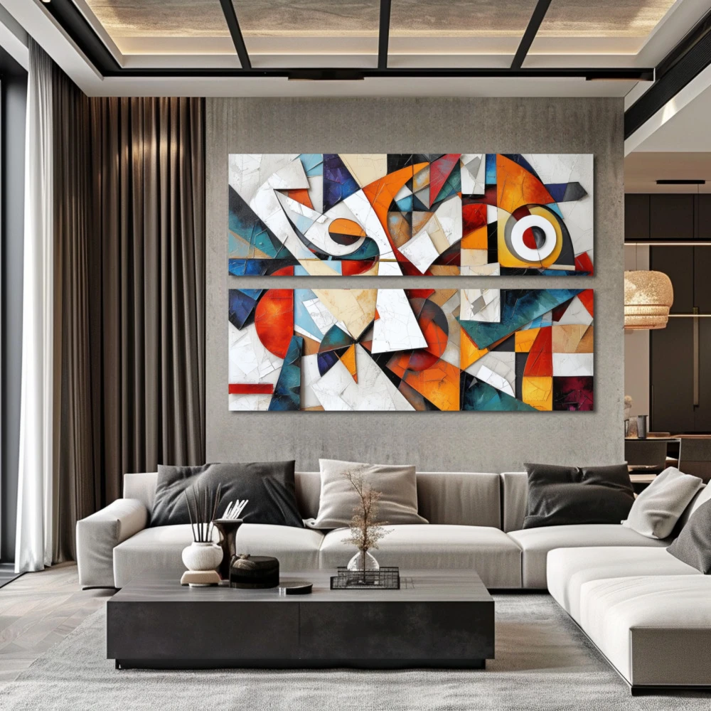 Cuadro armonía fragmentada en formato díptico con colores blanco, naranja, vivos; decorando pared de salón comedor