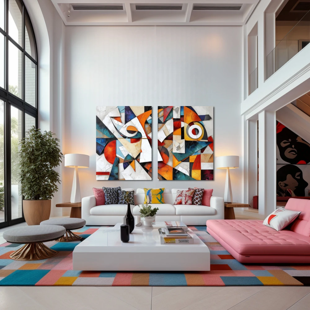 Cuadro armonía fragmentada en formato díptico con colores blanco, naranja, vivos; decorando pared de salón comedor