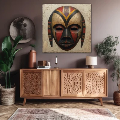 Wall Art titled: Behind the Mask in a  format with: Grey, Brown, and Red Colors; Decoration the Sideboard wall