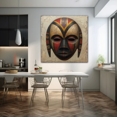 Wall Art titled: Behind the Mask in a  format with: Grey, Brown, and Red Colors; Decoration the Kitchen wall
