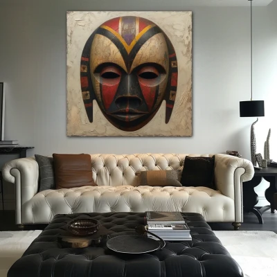 Wall Art titled: Behind the Mask in a Square format with: Grey, Brown, and Red Colors; Decoration the Above Couch wall