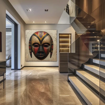 Wall Art titled: Behind the Mask in a  format with: Grey, Brown, and Red Colors; Decoration the Staircase wall