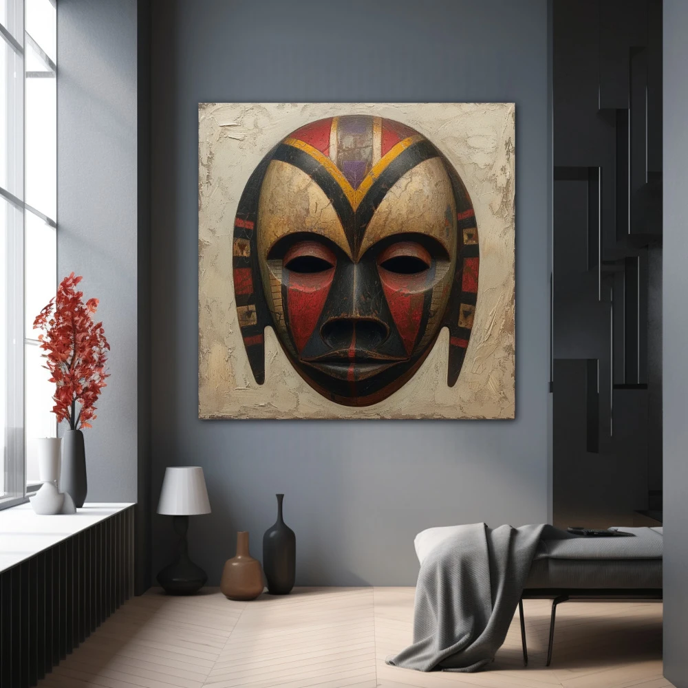 Cuadro tras la máscara en formato cuadrado con colores gris, marrón, rojo; decorando pared gris