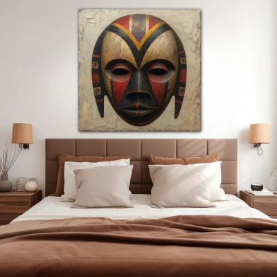Wall Art titled: Behind the Mask in a Square format with: Grey, Brown, and Red Colors; Decoration the Bedroom wall