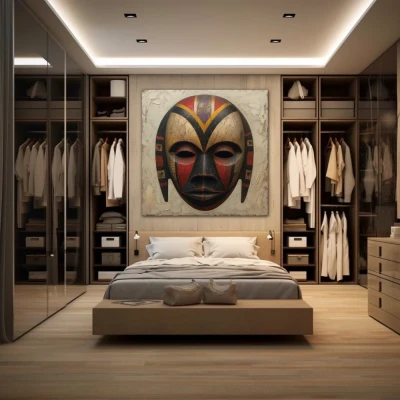 Wall Art titled: Behind the Mask in a  format with: Grey, Brown, and Red Colors; Decoration the Dressing Room wall
