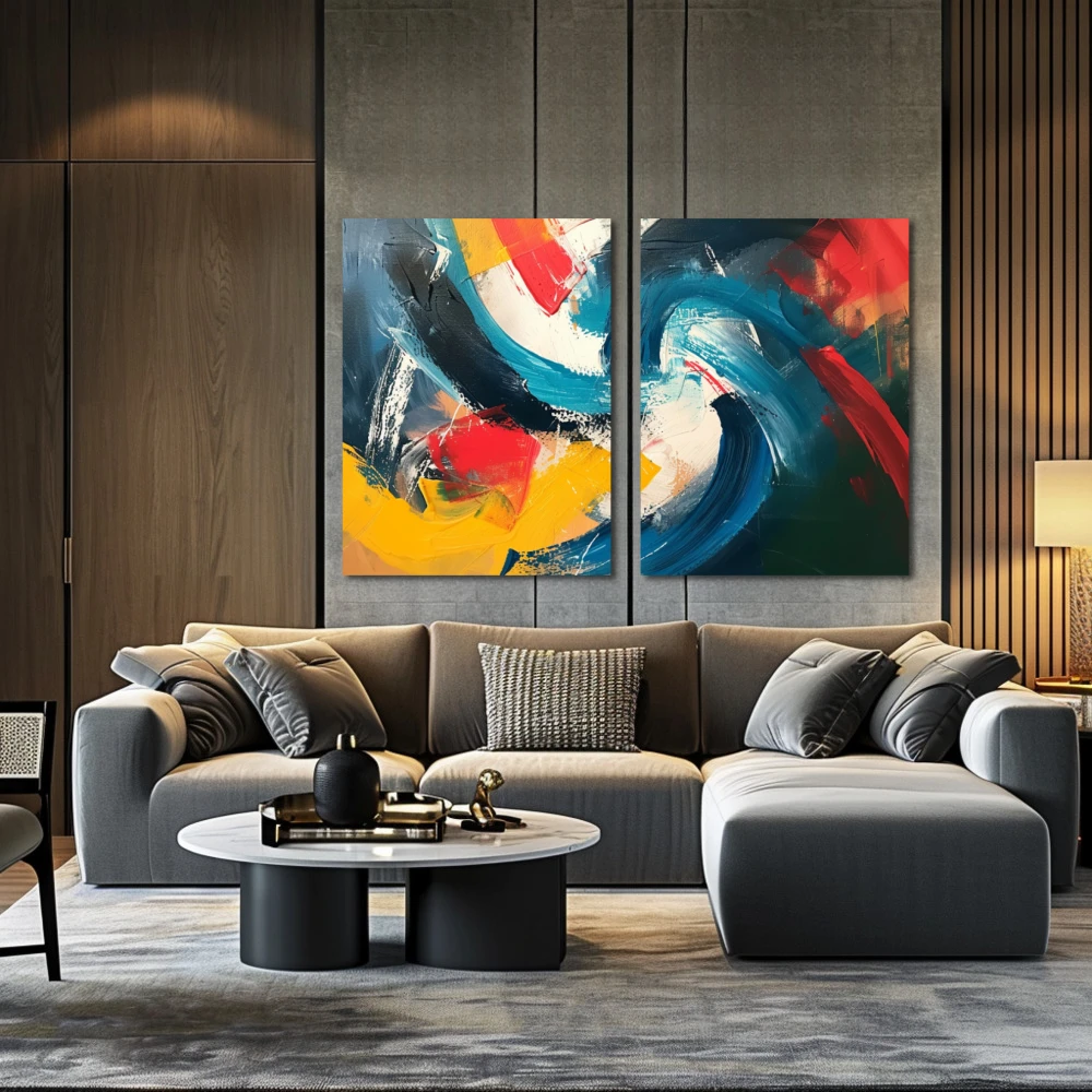Wall Art titled: Vortex of Passions in a Horizontal format with: Yellow, Red, and Vivid Colors; Decoration the Above Couch wall