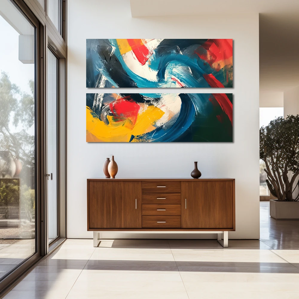 Wall Art titled: Vortex of Passions in a Horizontal format with: Yellow, Red, and Vivid Colors; Decoration the Entryway wall
