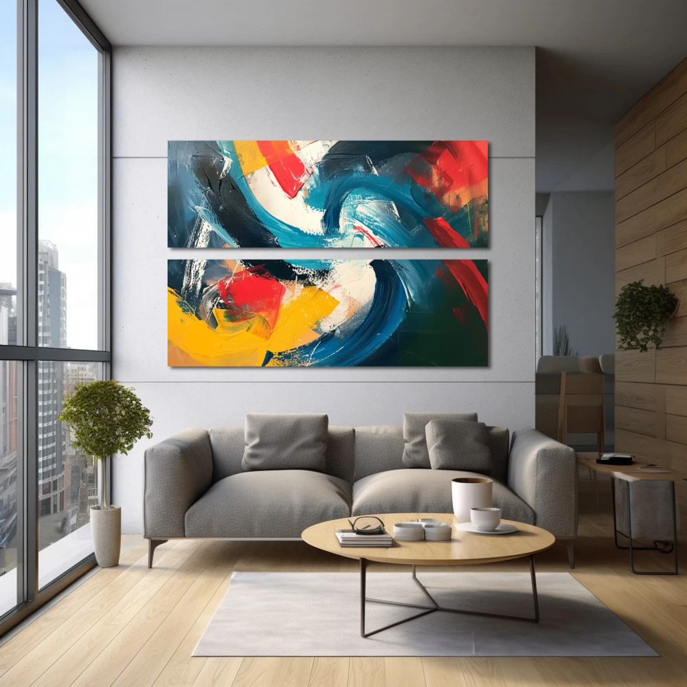 Wall Art titled: Vortex of Passions in a Horizontal format with: Yellow, Red, and Vivid Colors; Decoration the Inmobiliaria wall