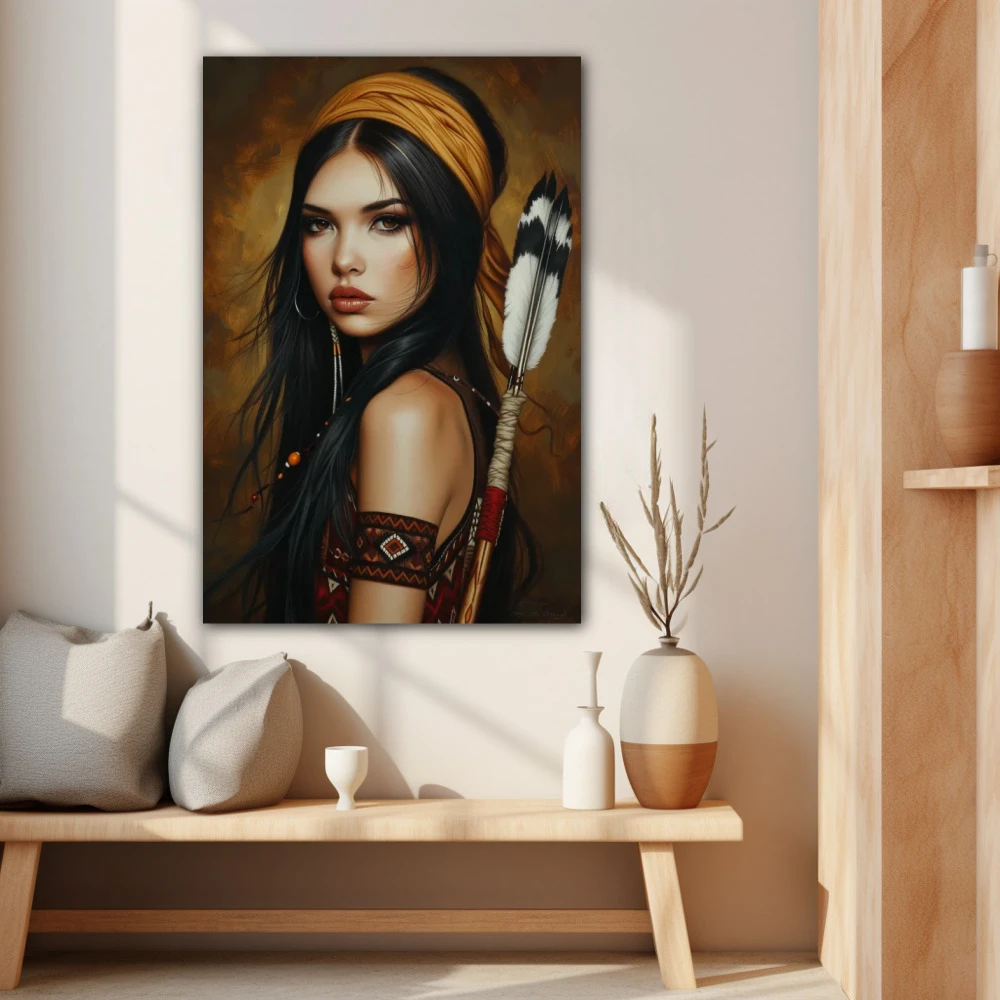 Wall Art titled: Tehan Tegaiwi in a Vertical format with: Golden, and Brown Colors; Decoration the Beige Wall wall