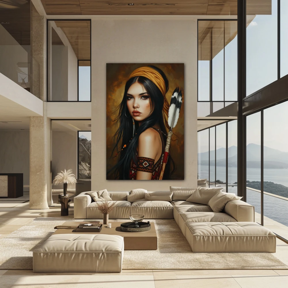 Wall Art titled: Tehan Tegaiwi in a Vertical format with: Golden, and Brown Colors; Decoration the Above Couch wall