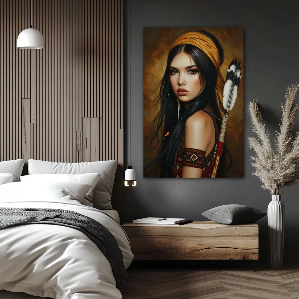 Wall Art titled: Tehan Tegaiwi in a Vertical format with: Golden, and Brown Colors; Decoration the Bedroom wall