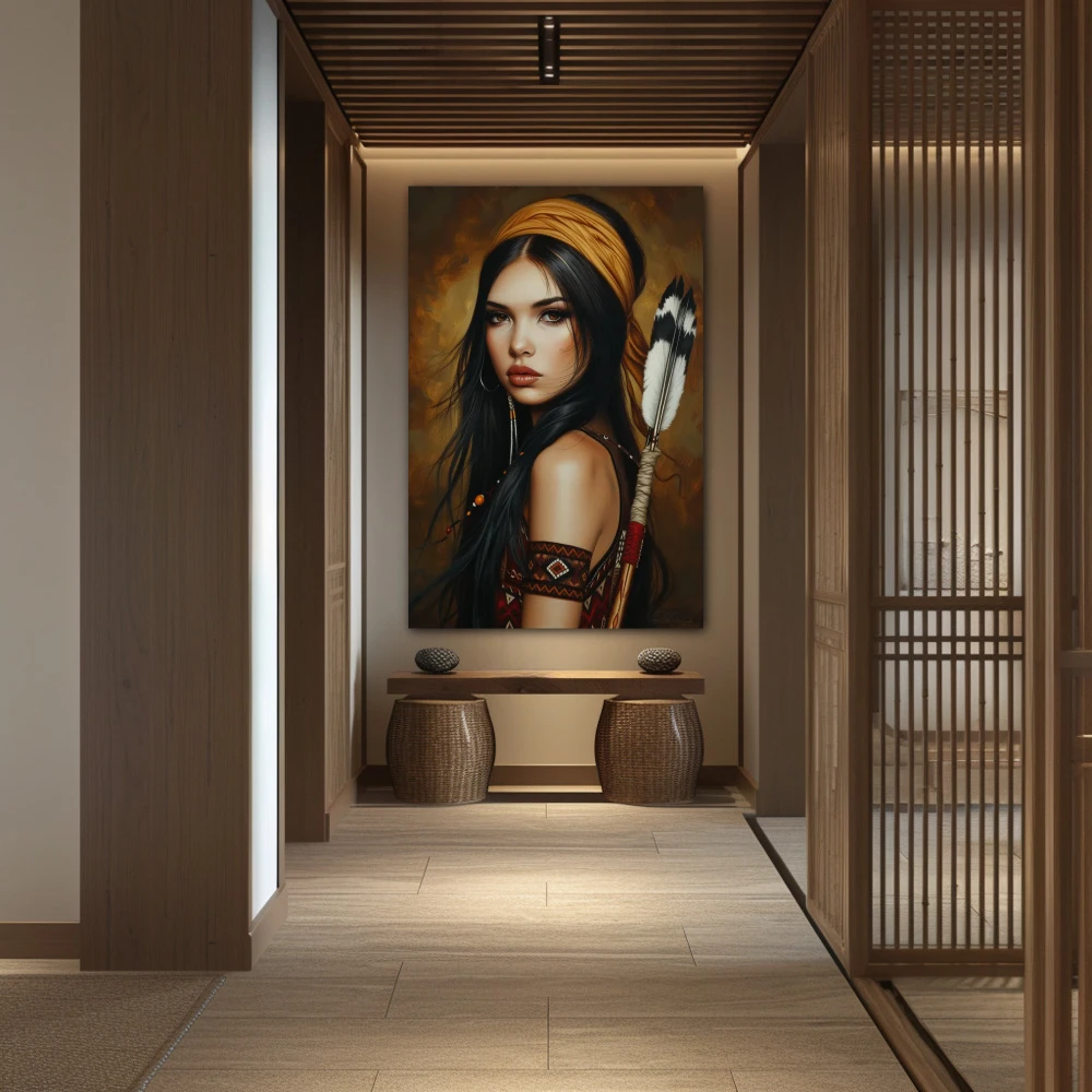 Wall Art titled: Tehan Tegaiwi in a Vertical format with: Golden, and Brown Colors; Decoration the Hallway wall