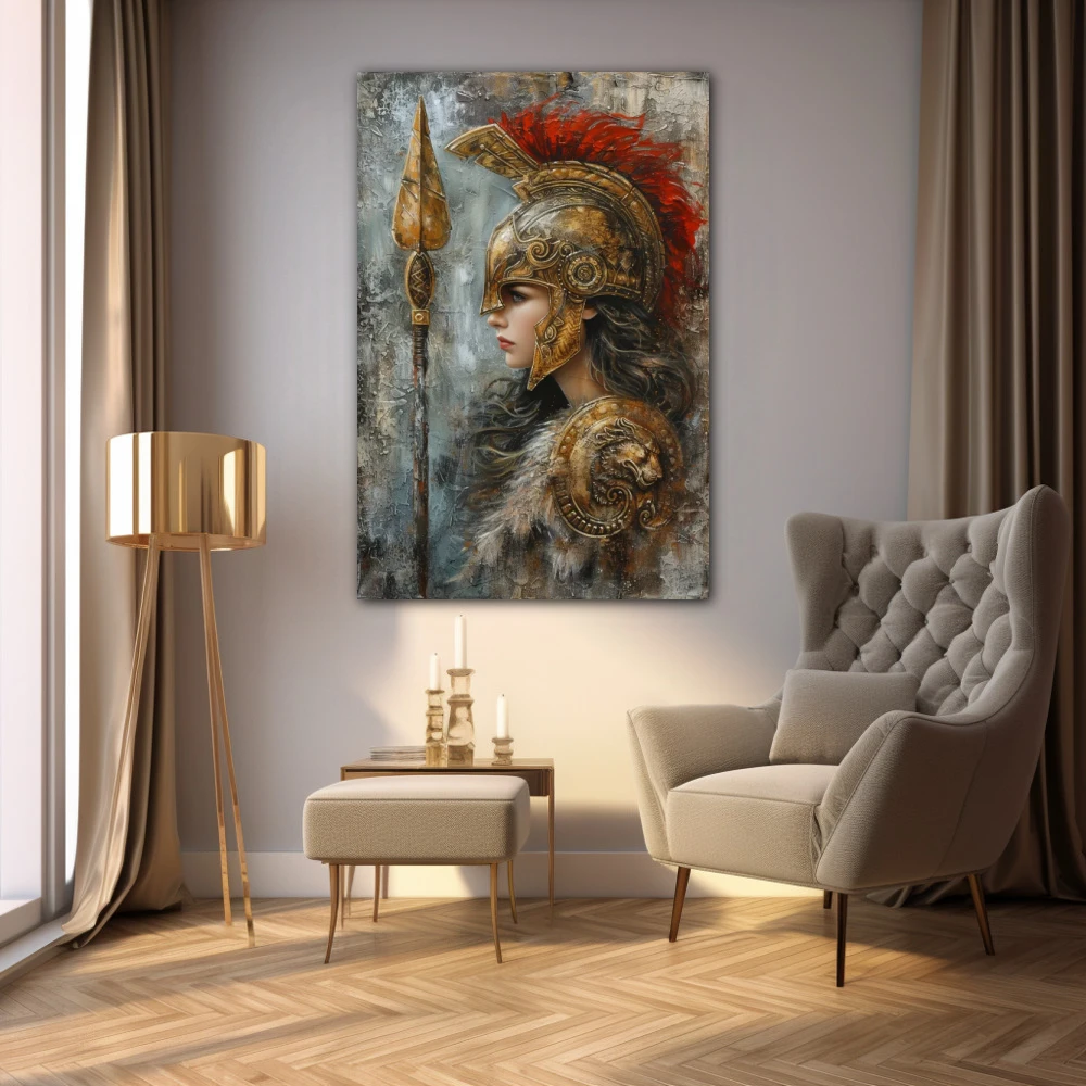 Cuadro acero y elegancia en formato vertical con colores dorado, gris, rojo; decorando pared de salón comedor