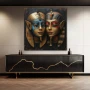 Wall Art titled: The Masks of Hathor in a Square format with: Blue, Golden, and Red Colors; Decoration the Sideboard wall