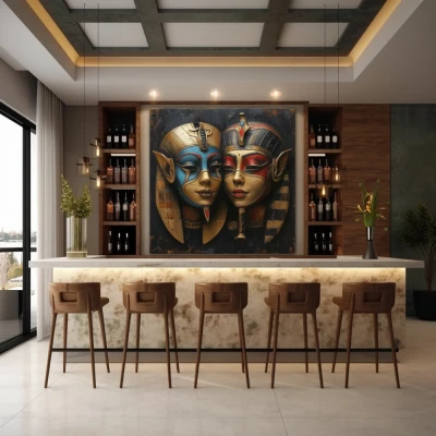 Wall Art titled: The Masks of Hathor in a  format with: Blue, Golden, and Red Colors; Decoration the Bar wall