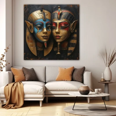 Wall Art titled: The Masks of Hathor in a Square format with: Blue, Golden, and Red Colors; Decoration the White Wall wall