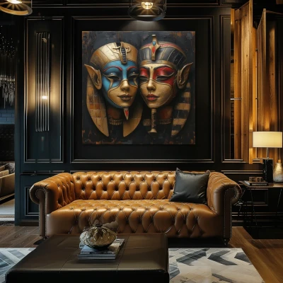 Cuadro Las Máscaras de Hathor en formato cuadrado con colores Azul, Dorado, Rojo; Decorando pared de Encima del Sofá