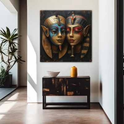 Wall Art titled: The Masks of Hathor in a  format with: Blue, Golden, and Red Colors; Decoration the Entryway wall
