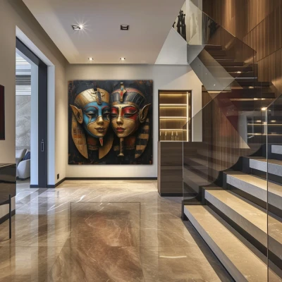 Wall Art titled: The Masks of Hathor in a  format with: Blue, Golden, and Red Colors; Decoration the Staircase wall