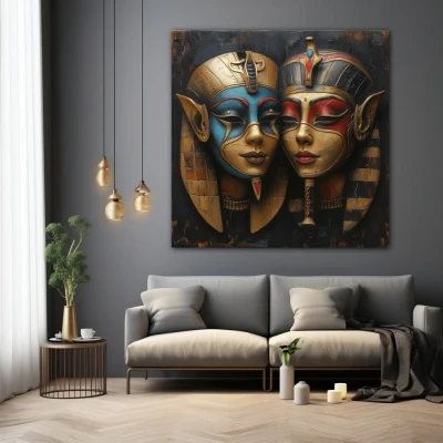 Wall Art titled: The Masks of Hathor in a  format with: Blue, Golden, and Red Colors; Decoration the Grey Walls wall