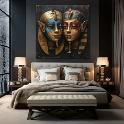 Wall Art titled: The Masks of Hathor in a  format with: Blue, Golden, and Red Colors; Decoration the Bedroom wall