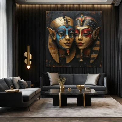 Wall Art titled: The Masks of Hathor in a  format with: Blue, Golden, and Red Colors; Decoration the Black Walls wall