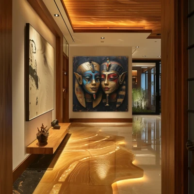 Wall Art titled: The Masks of Hathor in a  format with: Blue, Golden, and Red Colors; Decoration the Hallway wall