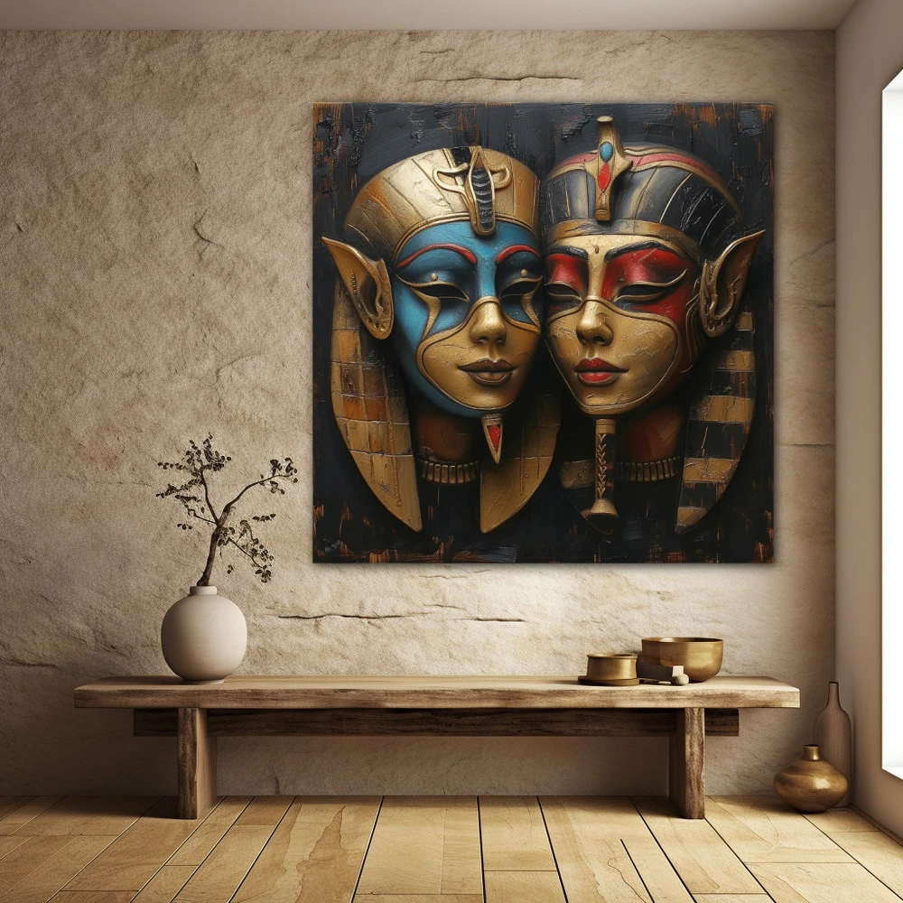 Cuadro las máscaras de hathor en formato cuadrado con colores azul, dorado, rojo; decorando pared piedra