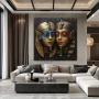 Cuadro Las Máscaras de Hathor en formato cuadrado con colores Azul, Dorado, Rojo; Decorando pared de Salón comedor
