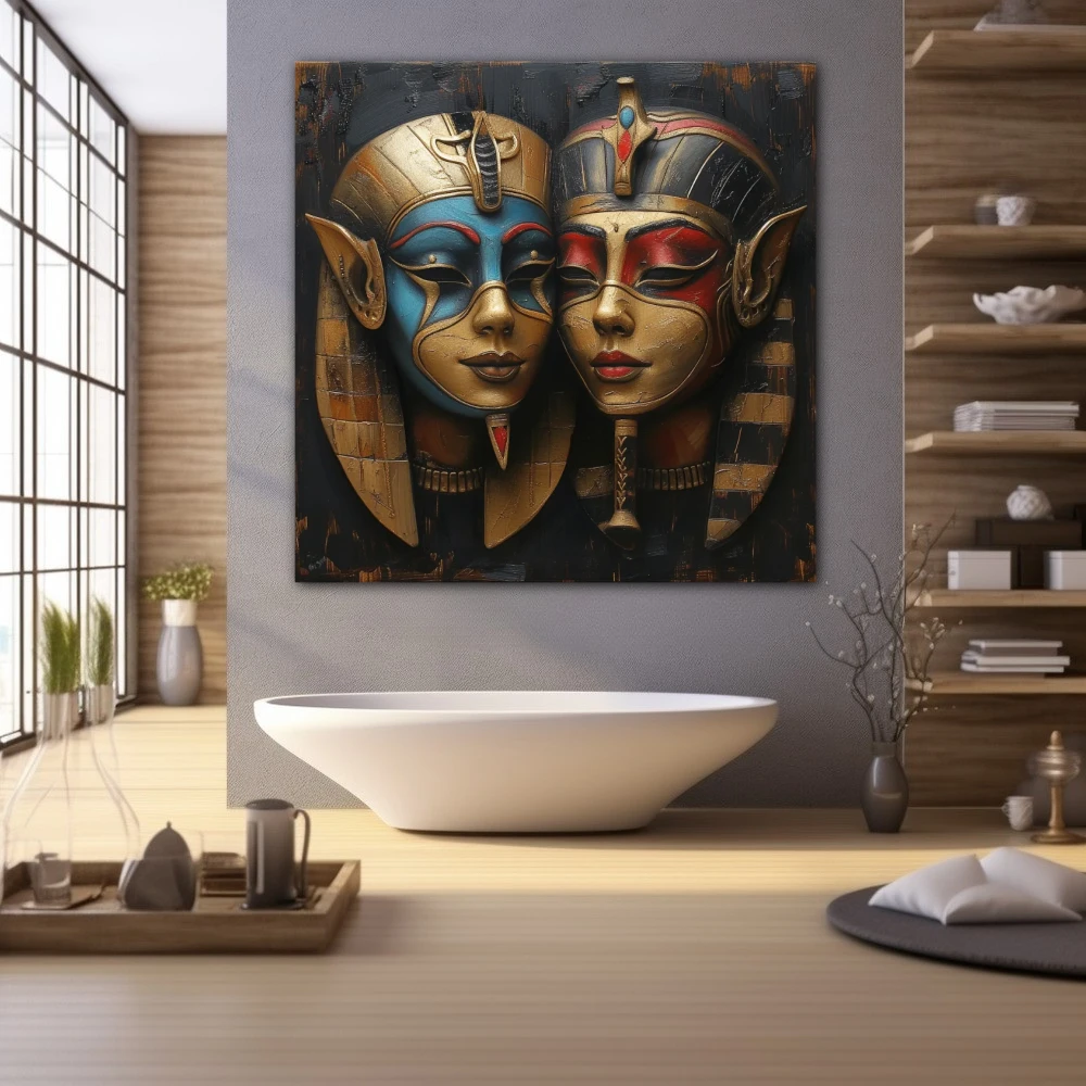 Cuadro las máscaras de hathor en formato cuadrado con colores azul, dorado, rojo; decorando pared de spa