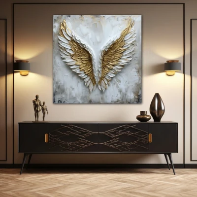 Wall Art titled: Aurum Volatus in a Square format with: white, and Golden Colors; Decoration the Sideboard wall