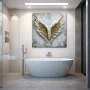 Wall Art titled: Aurum Volatus in a Square format with: white, and Golden Colors; Decoration the Bathroom wall