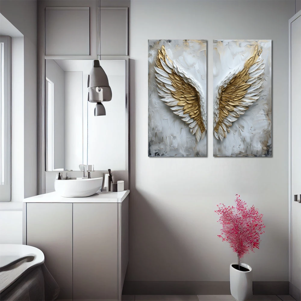 Wall Art titled: Aurum Volatus in a Square format with: white, and Golden Colors; Decoration the Bathroom wall