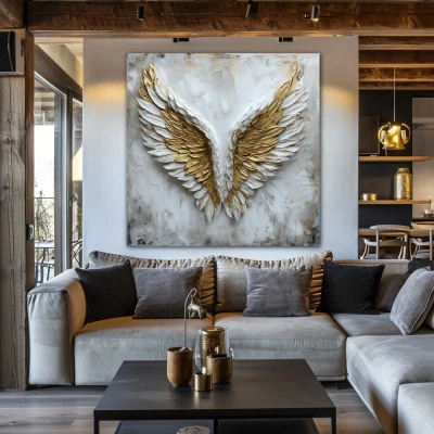 Wall Art titled: Aurum Volatus in a  format with: white, and Golden Colors; Decoration the Above Couch wall