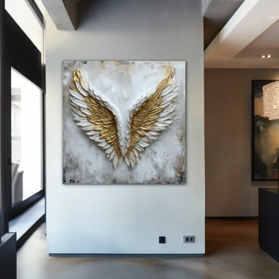 Wall Art titled: Aurum Volatus in a Square format with: white, and Golden Colors; Decoration the Entryway wall