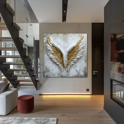 Wall Art titled: Aurum Volatus in a Square format with: white, and Golden Colors; Decoration the Staircase wall