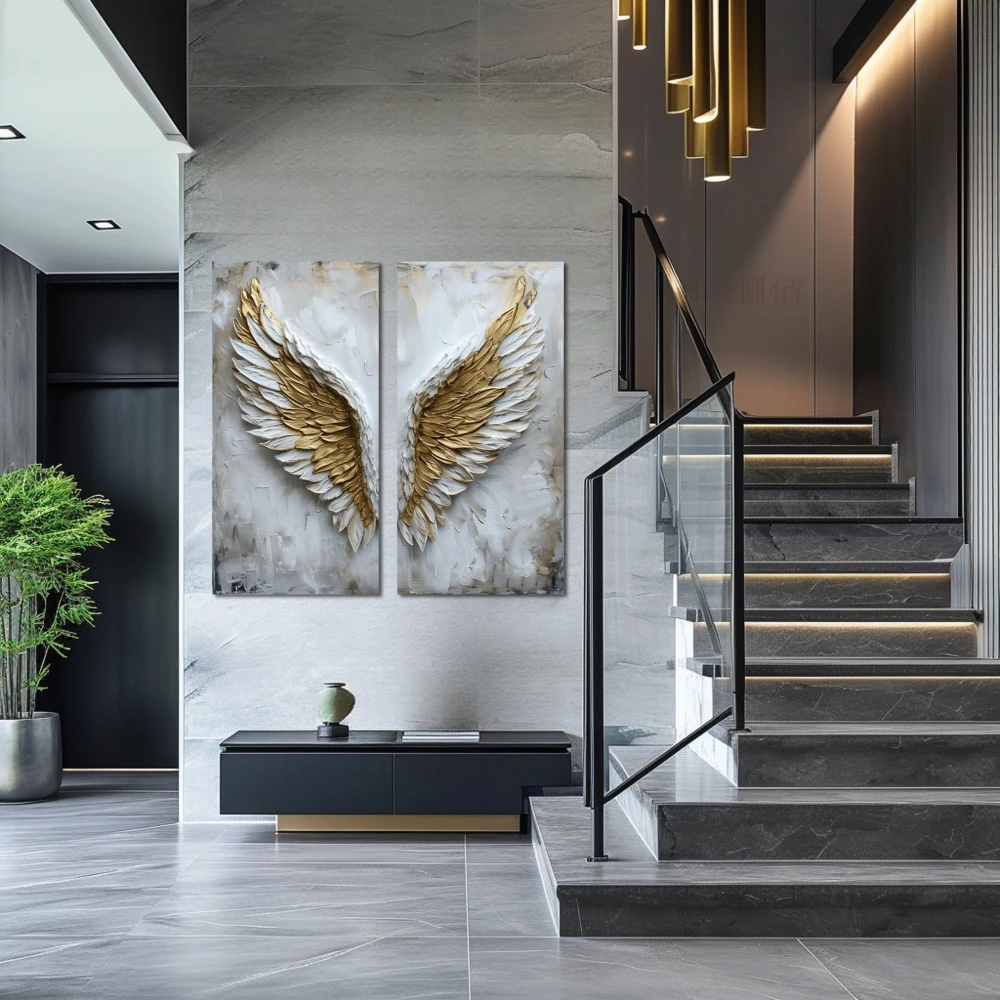 Wall Art titled: Aurum Volatus in a Square format with: white, and Golden Colors; Decoration the Staircase wall