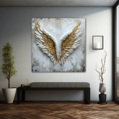 Wall Art titled: Aurum Volatus in a Square format with: white, and Golden Colors; Decoration the Grey Walls wall