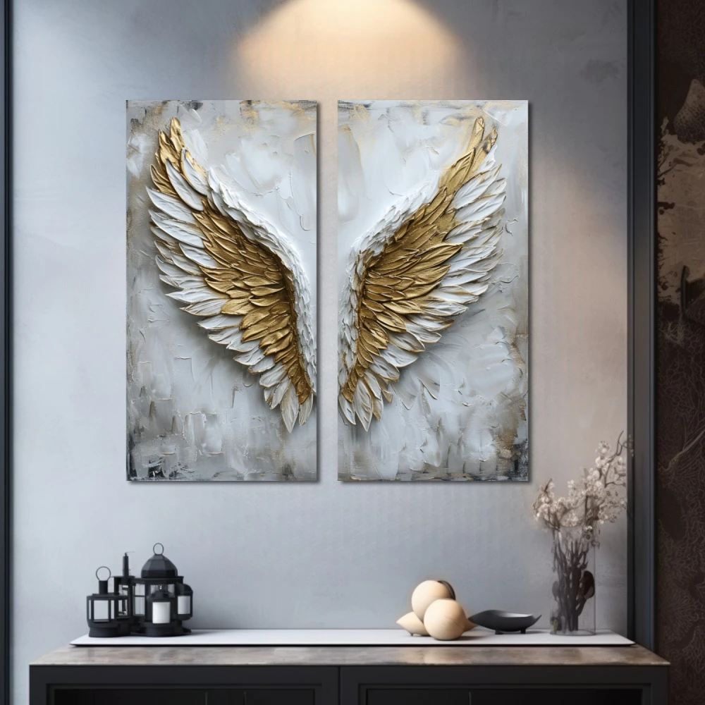 Wall Art titled: Aurum Volatus in a Square format with: white, and Golden Colors; Decoration the Grey Walls wall