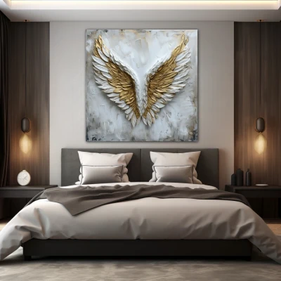 Wall Art titled: Aurum Volatus in a  format with: white, and Golden Colors; Decoration the Bedroom wall