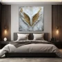 Wall Art titled: Aurum Volatus in a Square format with: white, and Golden Colors; Decoration the Bedroom wall