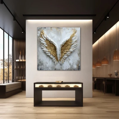 Wall Art titled: Aurum Volatus in a Square format with: white, and Golden Colors; Decoration the Jewellery wall
