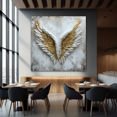 Wall Art titled: Aurum Volatus in a  format with: white, and Golden Colors; Decoration the Restaurant wall