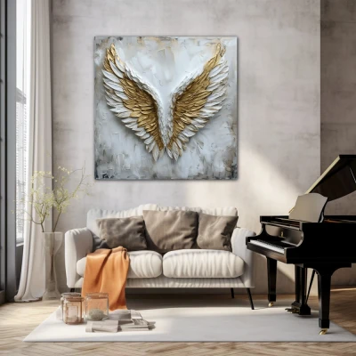 Wall Art titled: Aurum Volatus in a  format with: white, and Golden Colors; Decoration the Living Room wall