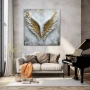 Wall Art titled: Aurum Volatus in a Square format with: white, and Golden Colors; Decoration the Living Room wall